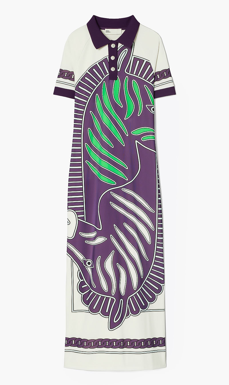 

Tory Burch Purple Printed Mesh Polo Dress for Women | The Deal Outlet