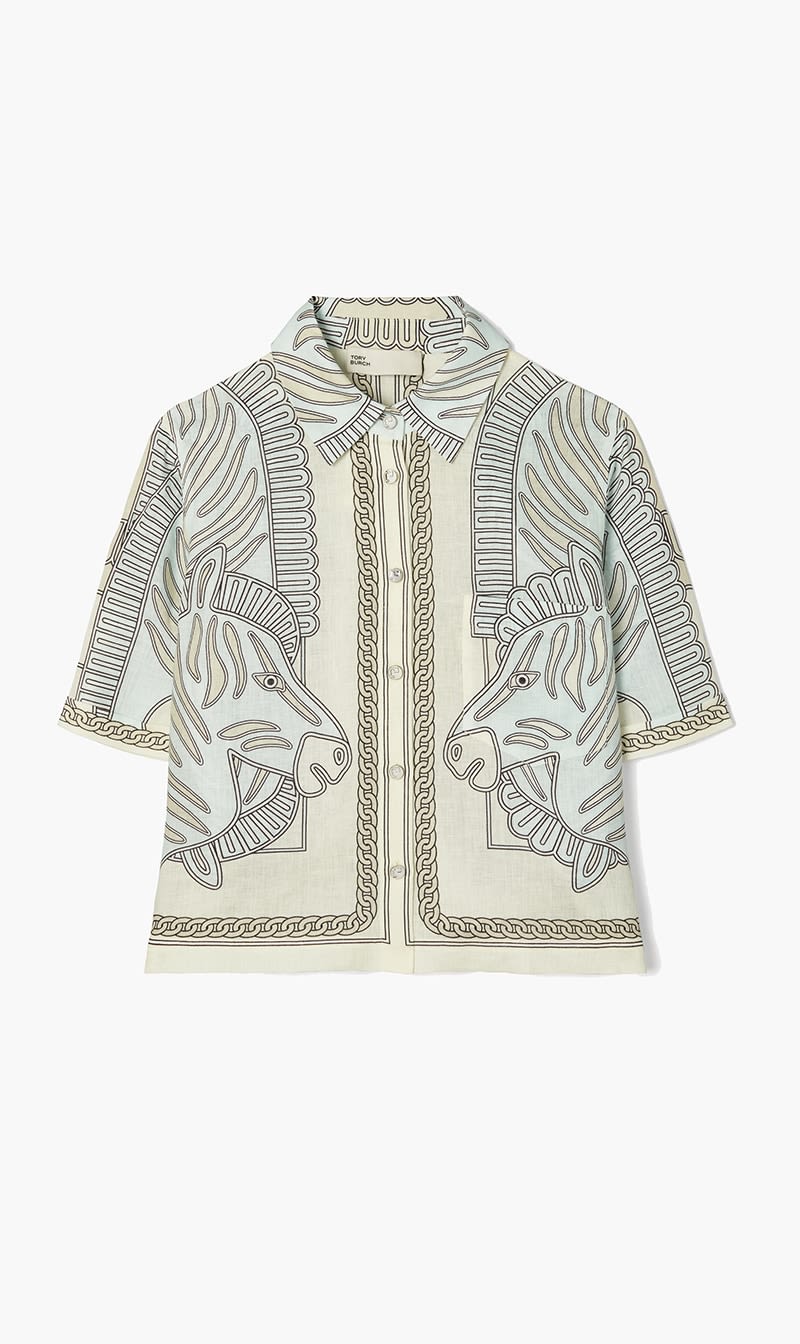 

Tory Burch Blue Printed Linen Camp Shirt for Women | The Deal Outlet