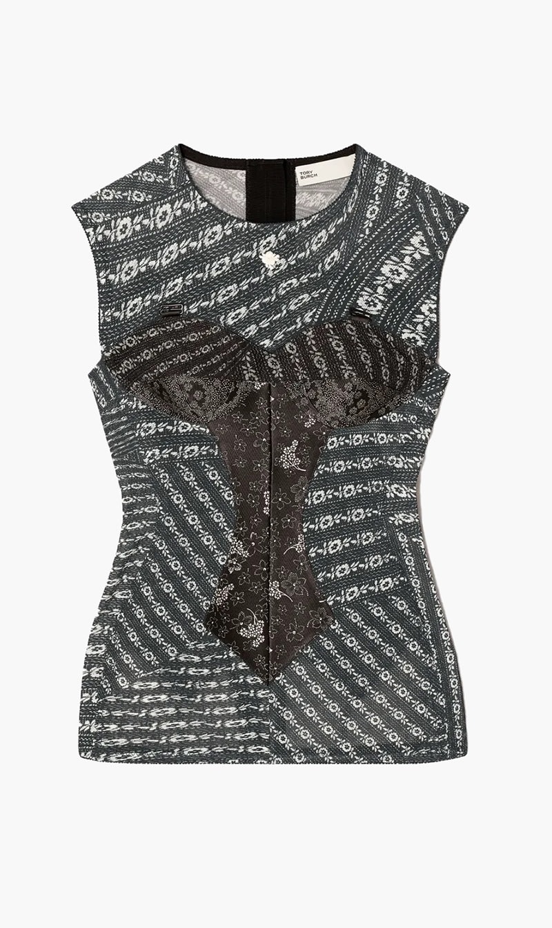 

Tory Burch Black Printed Mesh Top for Women | The Deal Outlet