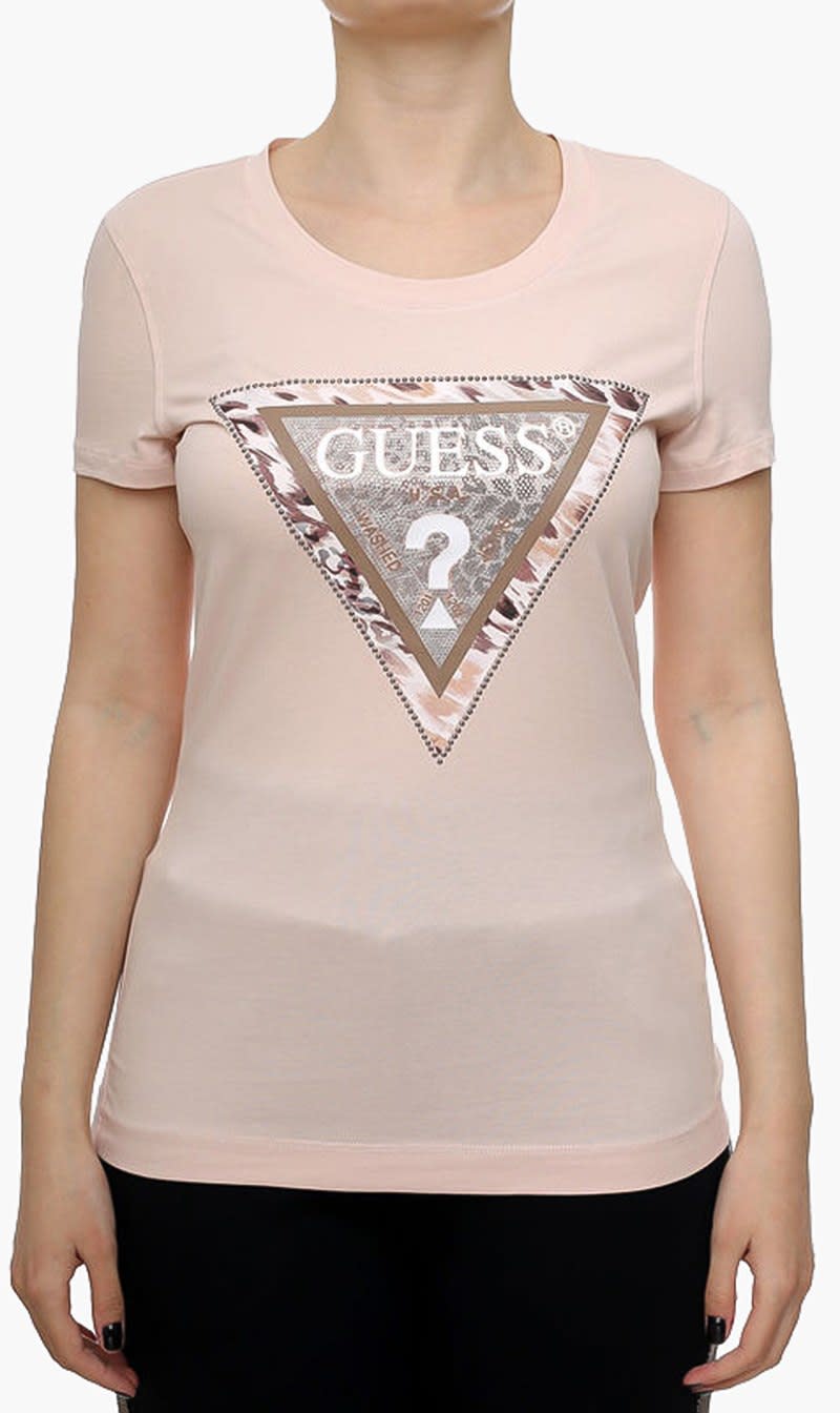 Pink Guess Brown Cheeta Logo Tee for Women