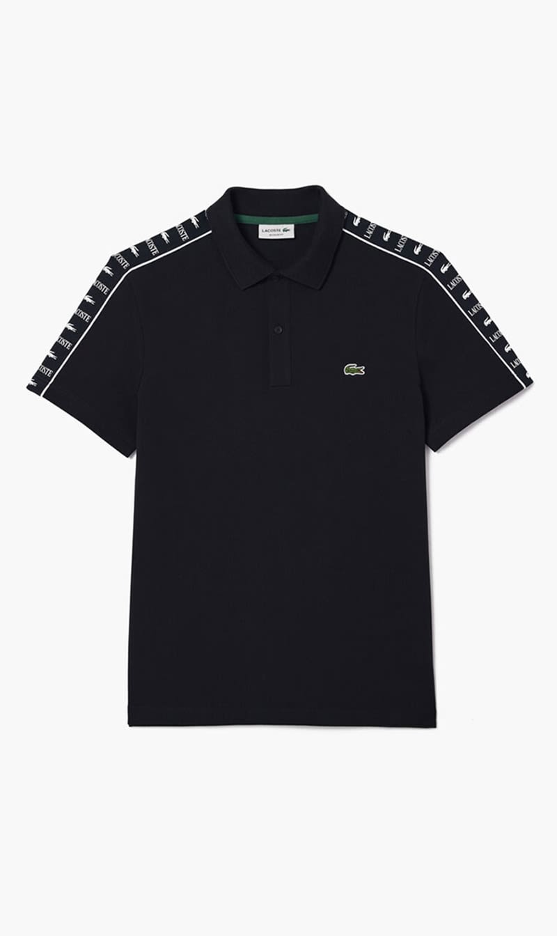 

Lacoste Black Contrast Stripe Pique Polo Shirt for Men | The Deal Outlet