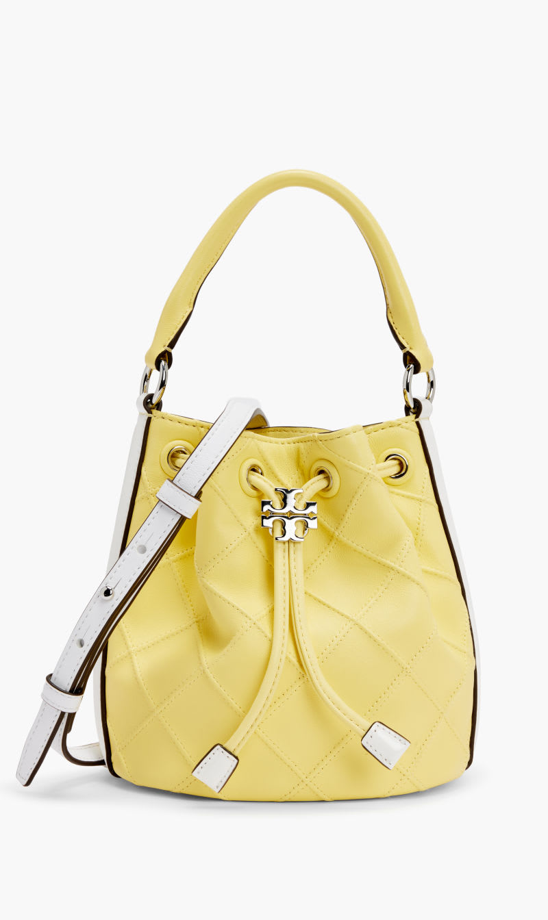 

Tory Burch White Fleming Soft Patent Border Mini Bucket Bag for Women | The Deal Outlet