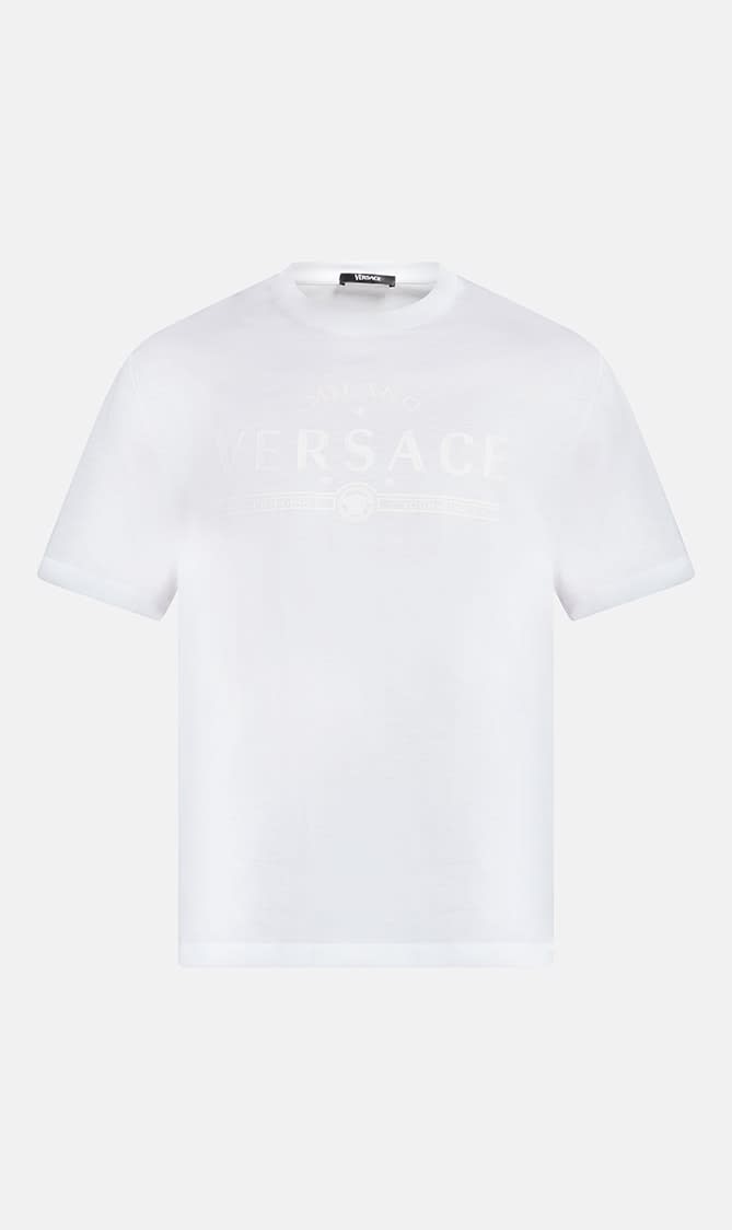 

Versace White T-shirt Compact Cotton Jersey Fabric + Never forget Versace Print for Men | The Deal Outlet
