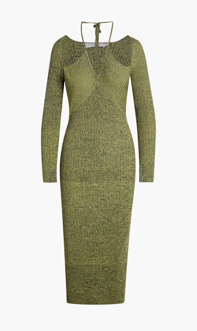 

Jonathan Simkhai Green Elijah Marled Compact Rib W/ Lace Up /s Halter Tie Midi Dress for Women | The Deal Outlet