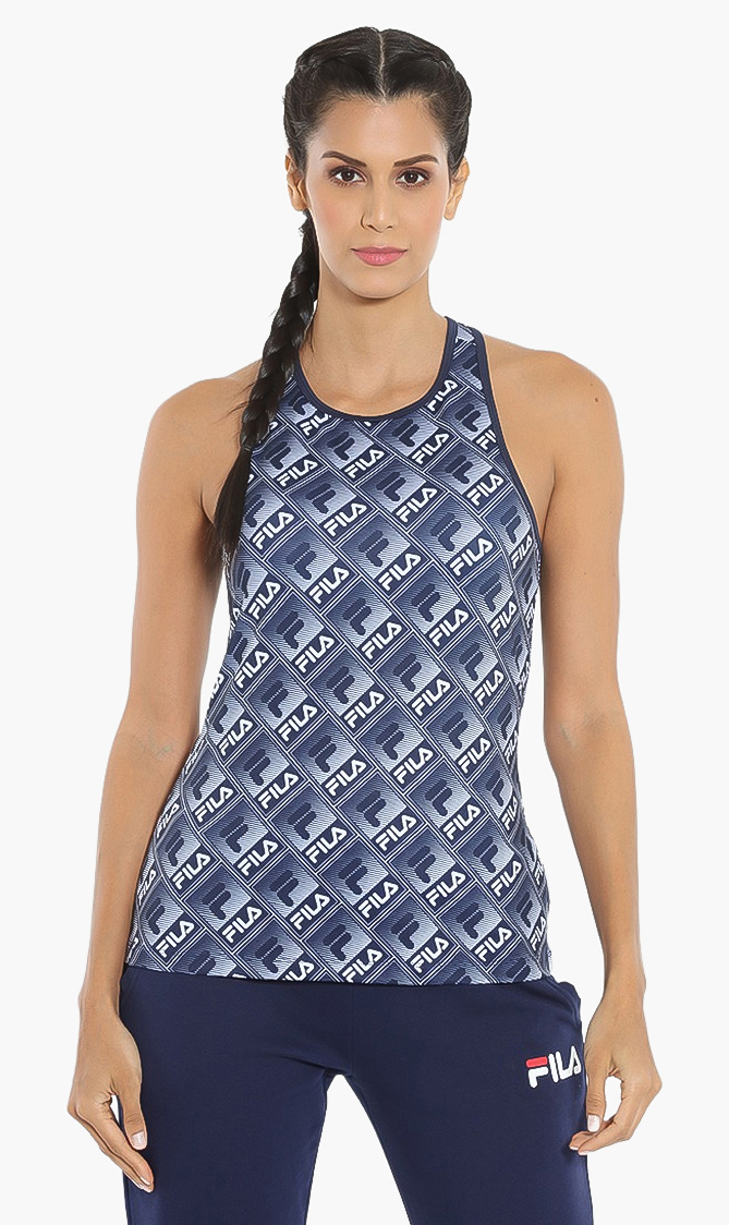 All Over Logo Print Top, Blue