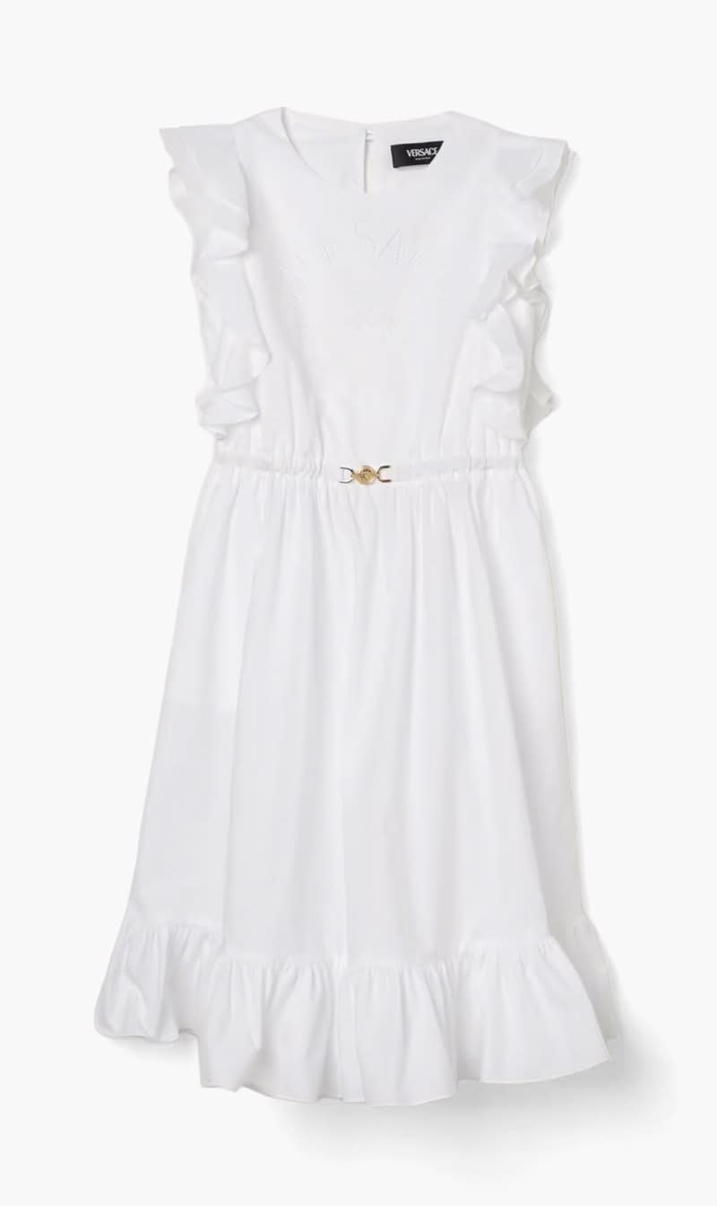 Versace White Dress Poplin + Logo Est Milano A Jour Embroidery for Girls