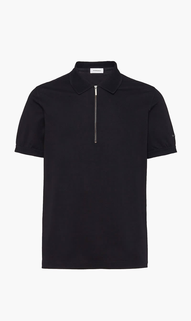 Ferragamo Black Zip Collar Polo T-shirt for Men
