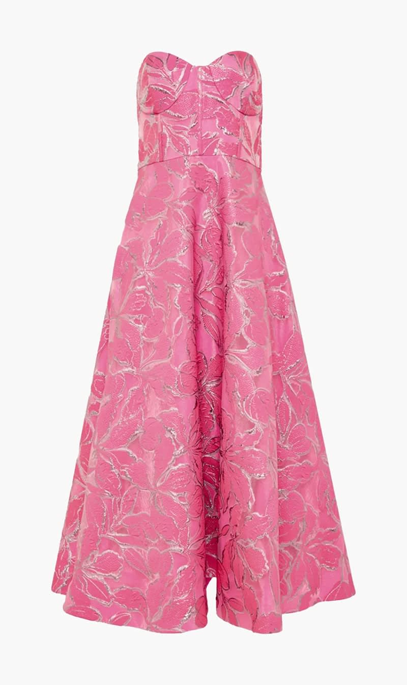

Monique Lhuillier Pink Amelia Floral Jacquard Midi Dress for Women | The Deal Outlet