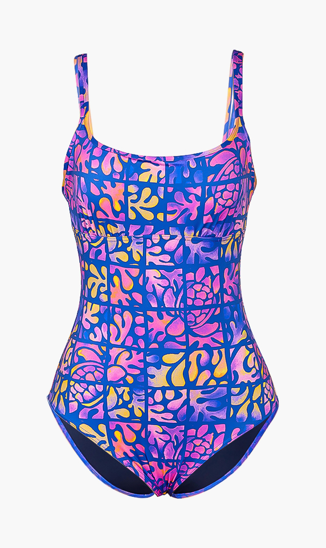

Feria Printed Bustier One-piece Swimsuit, Blue