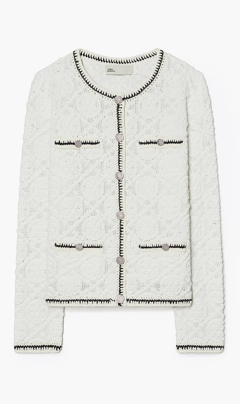 

Tory Burch White Kendra Logo Lace Cardigan for Women | The Deal Outlet