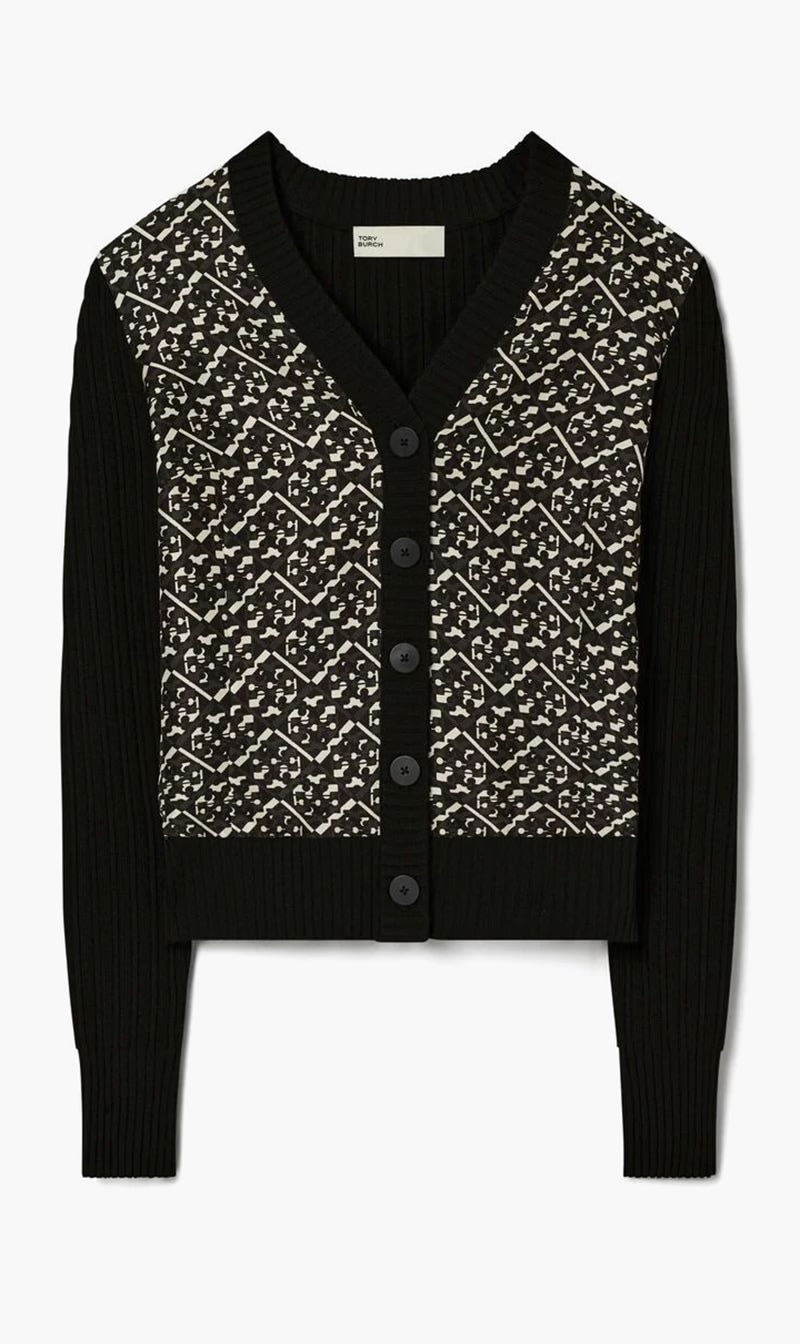 

Tory Burch Black Silk Front Wool Cardigan for Women | The Deal Outlet