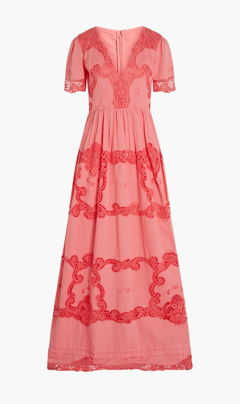 

Loanna - Linen Plunging-neckline Gown With Traditional Greek Reticella Lace Detail & Coordinating Belt, Pink