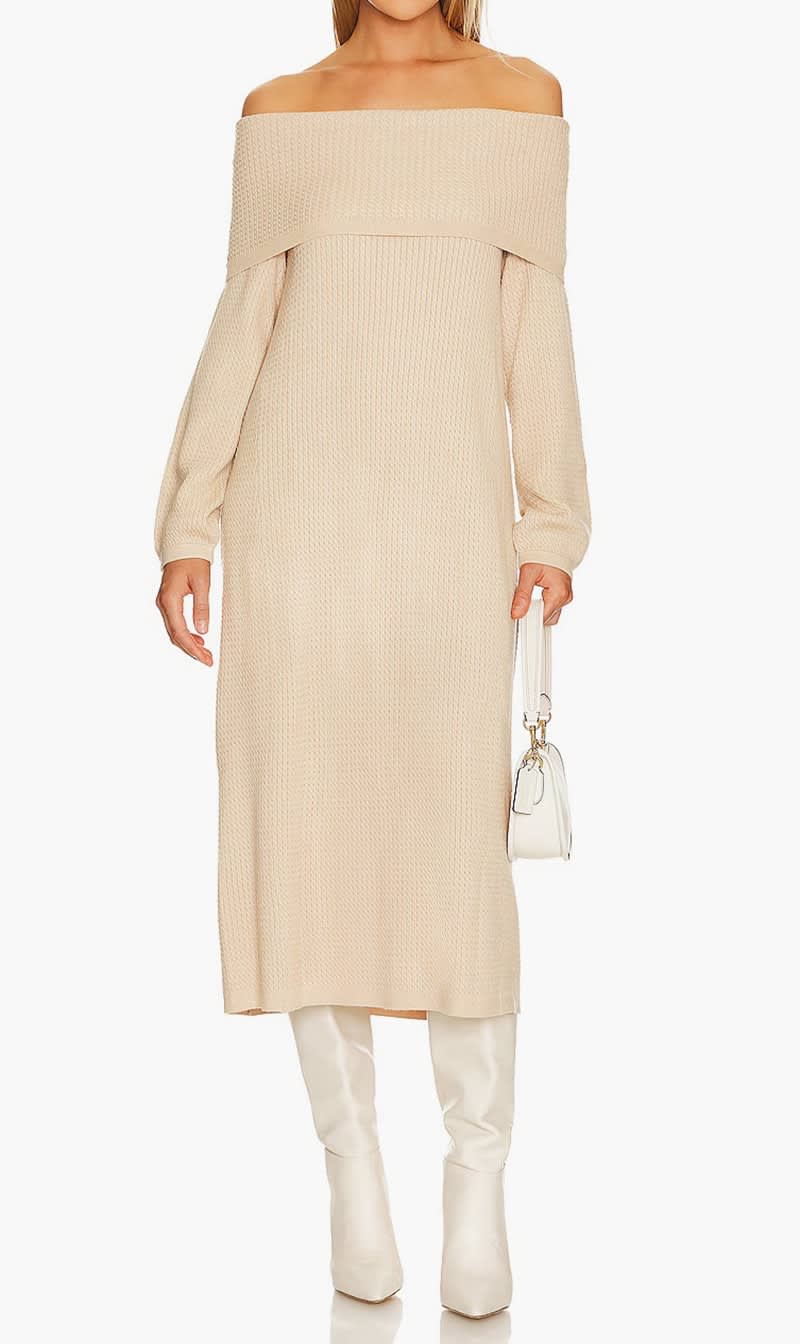 

Weworewhat Beige Off The Shoulder Sweater Dress for Women | The Deal Outlet