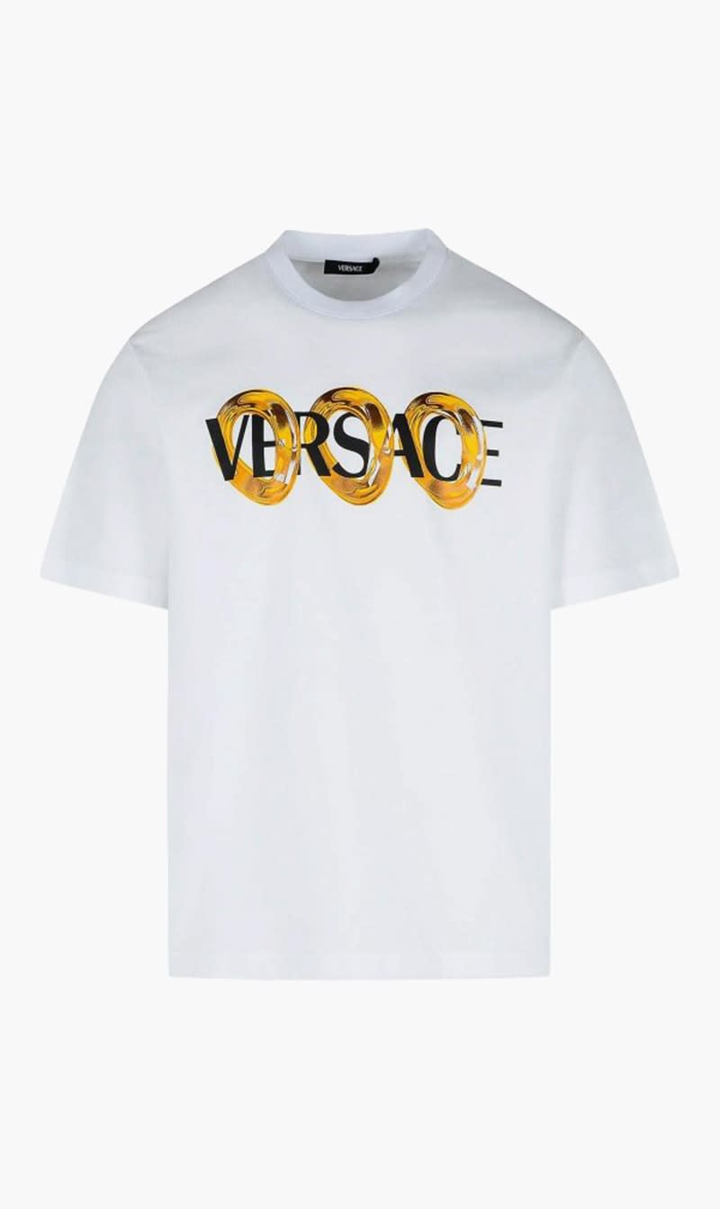 

Versace White T-shirt Compact Cotton Jersey Fabric + Maxi Chain Logo Print for Men | The Deal Outlet