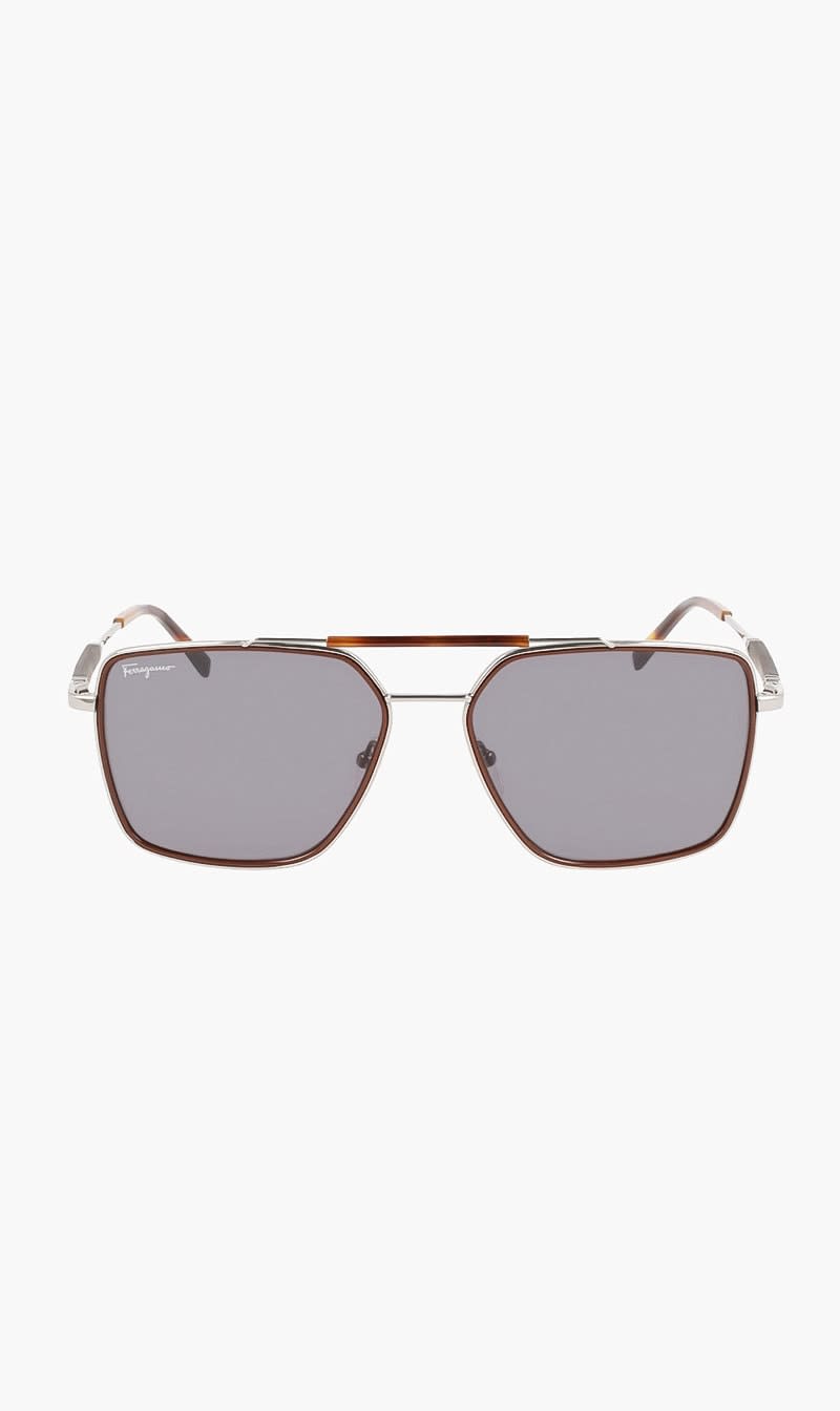 Silver Ferragamo Black Pilot Sunglasses for Men