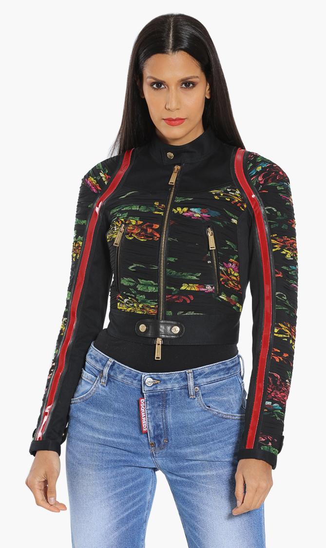 Ruched Floral Print Jacket, Black