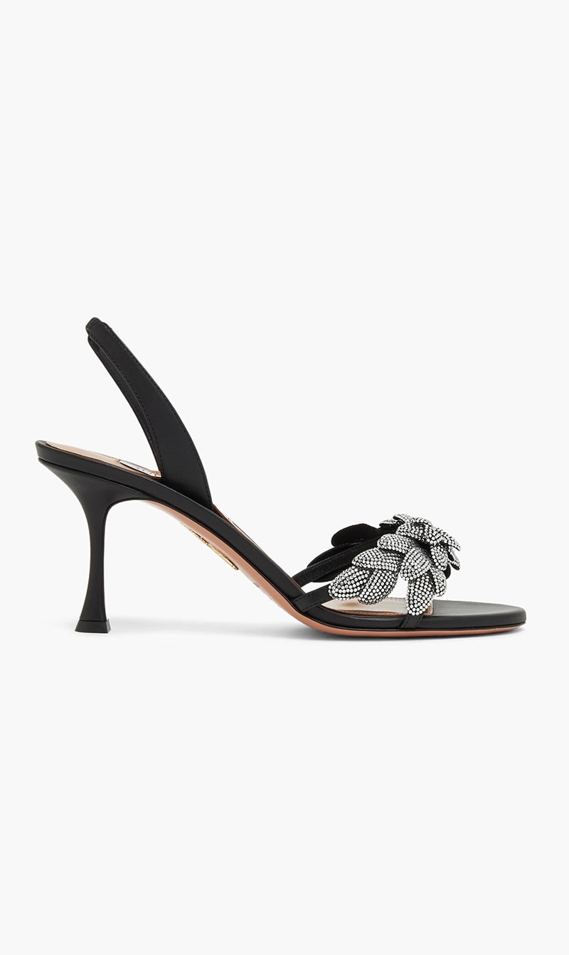 

Aquazzura Firenze Black Galactic Flower Sandals for Women | The Deal Outlet
