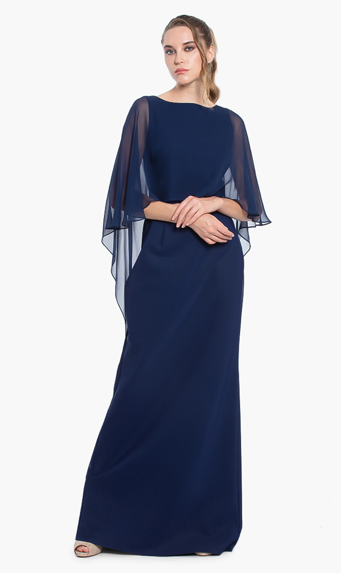 

Teri Jon Blue Cape Sleeves Crepe Gown for Women | The Deal Outlet