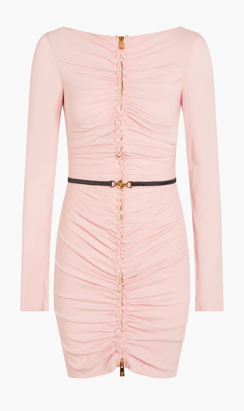

Versace Pink Dress Mini Ls Belted Zip Ruched Georgette Solid for Women | The Deal Outlet