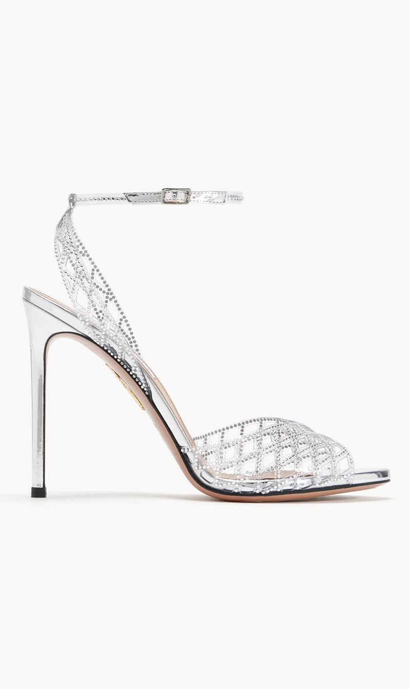

Aquazzura Firenze Silver Lumiere 105 Sandals for Women | The Deal Outlet