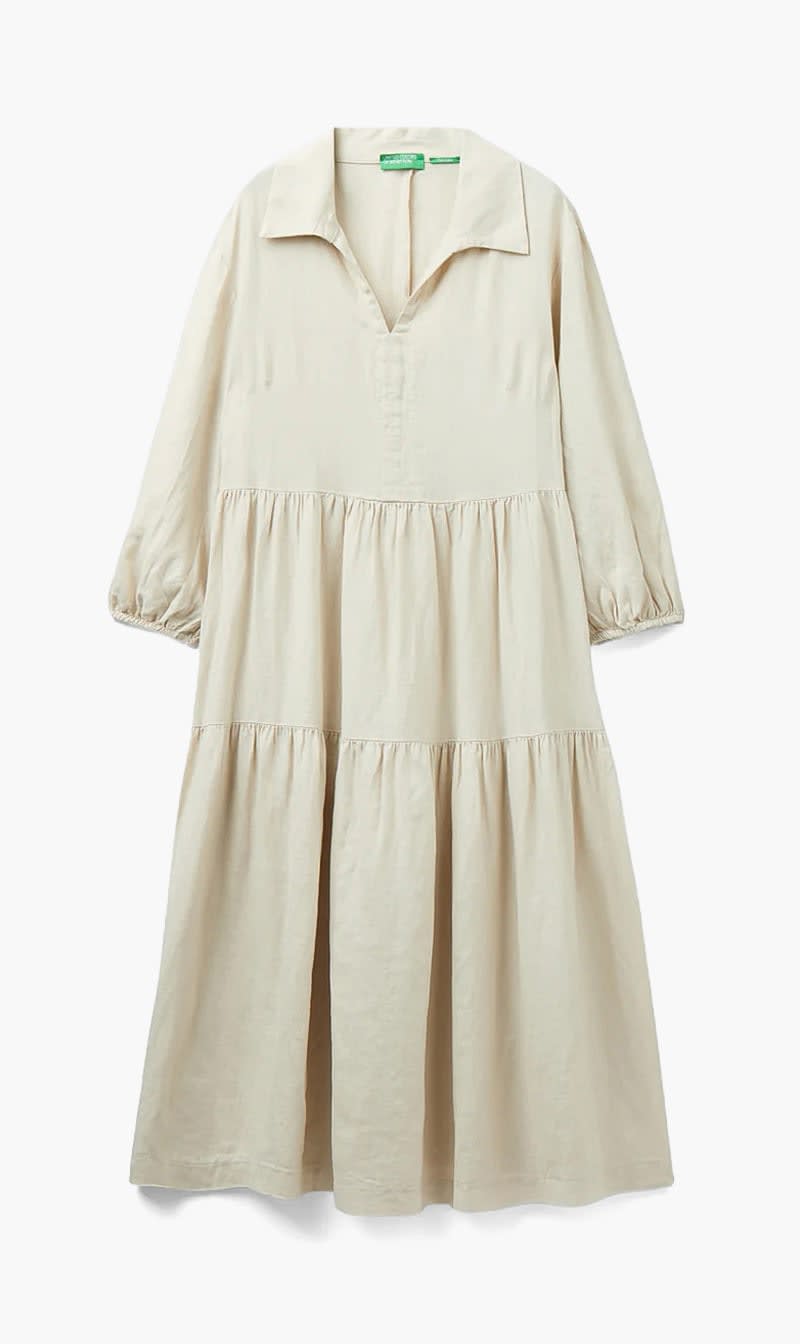 Beige United Colors Of Benetton Black Pure Linen Ruffled Dress for Women