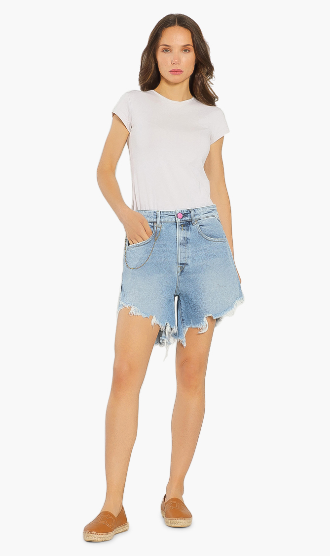 

Rose Label Distressed Denim Shorts, Blue