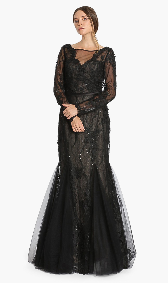 

Floral Lace Long Sleeve Evening Gown, Black