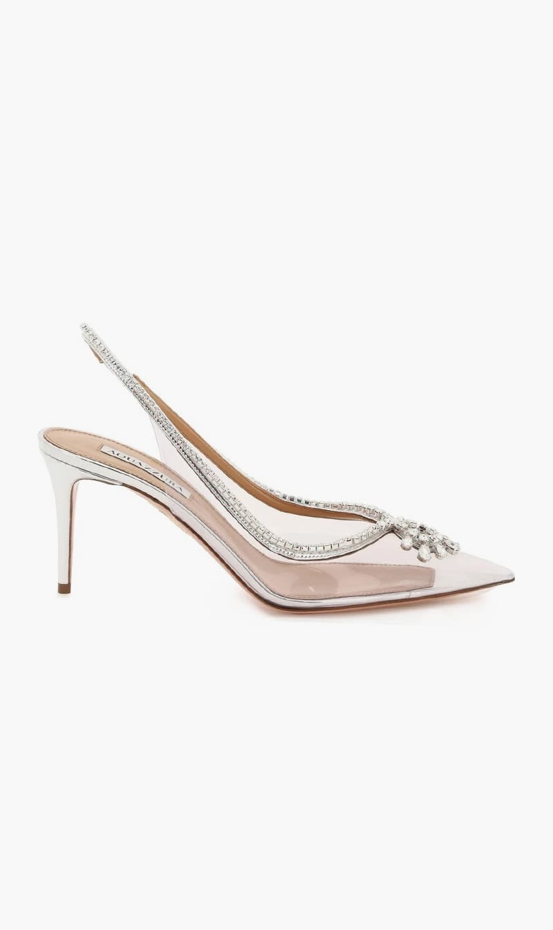 

Aquazzura Firenze Silver Seduction Crystal Sling-back Pumps for Women | The Deal Outlet