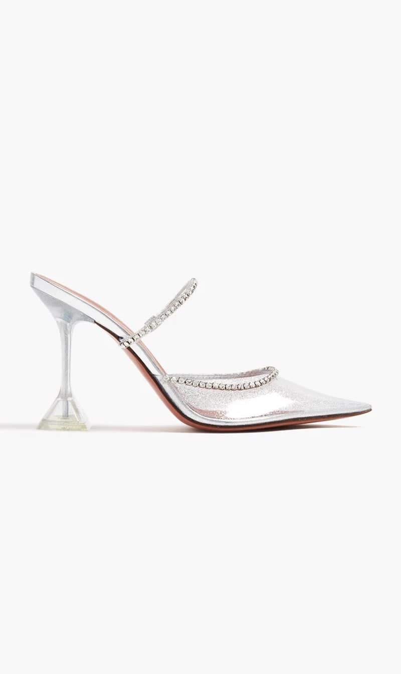 

Amina Muaddi Silver Gilda Glass Mules for Women | The Deal Outlet