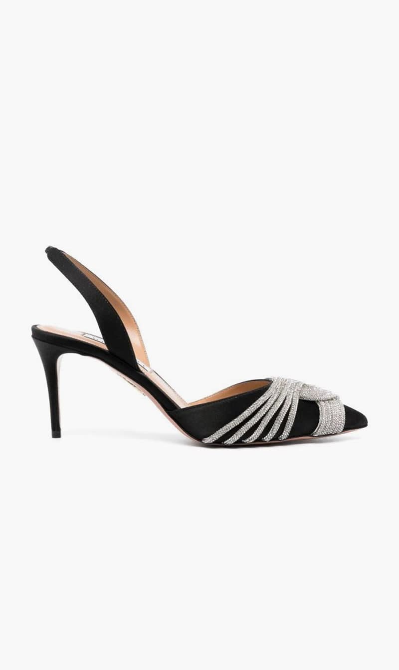 

Aquazzura Firenze Black Gatsby Sling Satin Heels for Women | The Deal Outlet