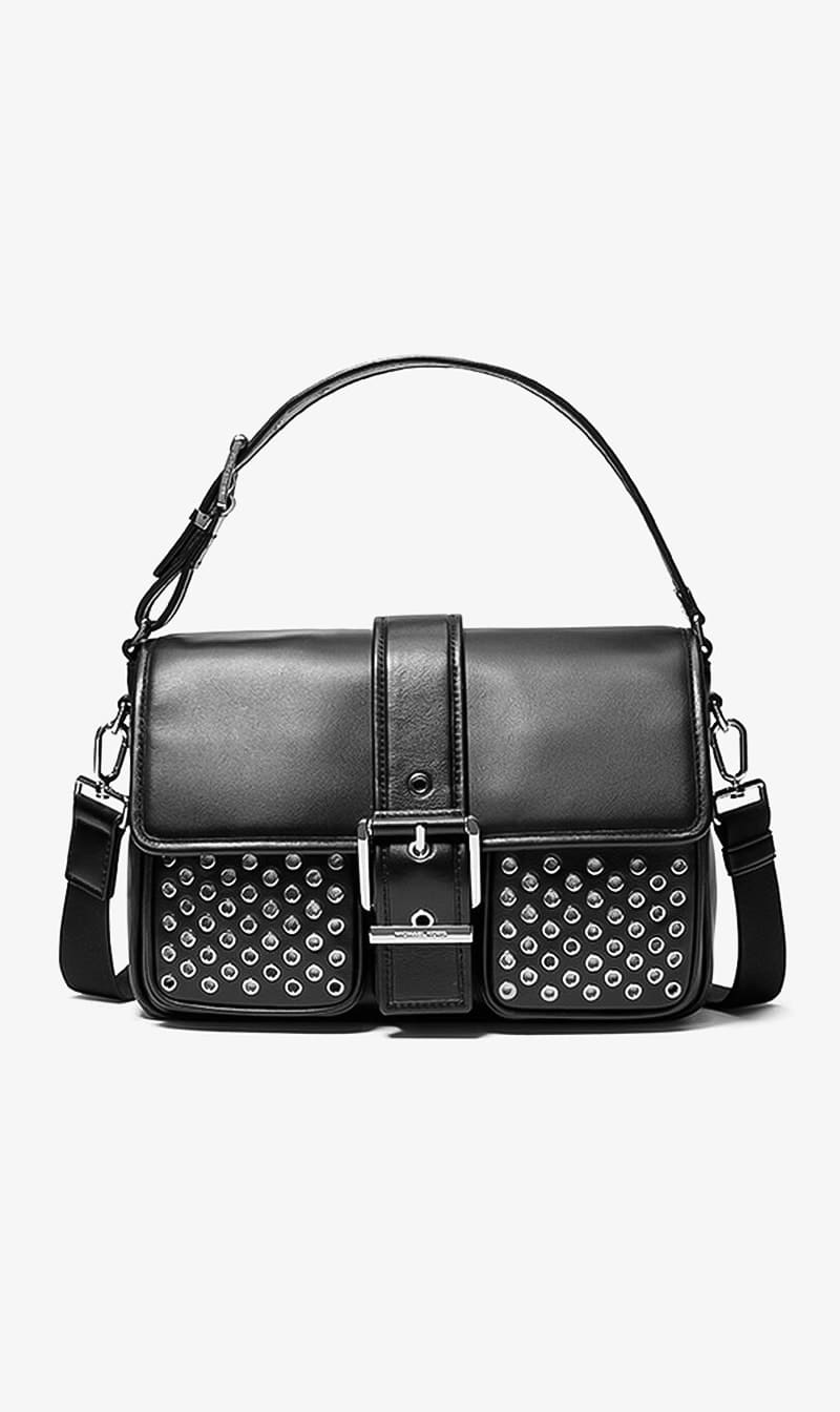 Michael Kors Black Colby Grommeted Leather Messenger Bag for Men