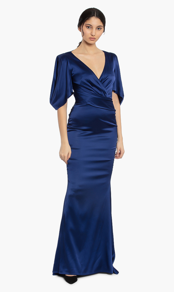 Talbot Runhof Blue Socotra Flutter Sleeves Evening Dress for Women | The Deal Outlet