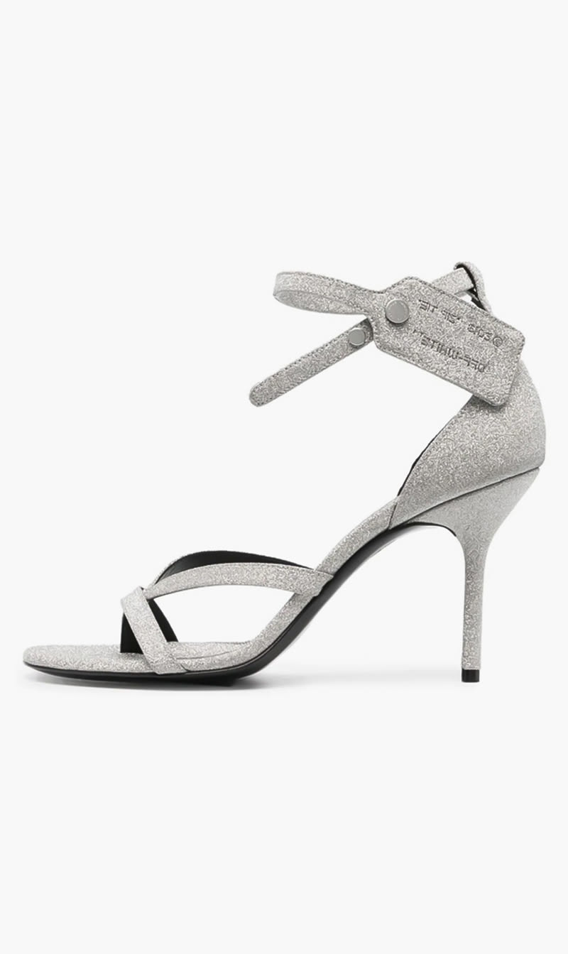 

Off-white Silver Glitter Calf Zip Tie Sandal Silver Silve for Women | The Deal Outlet