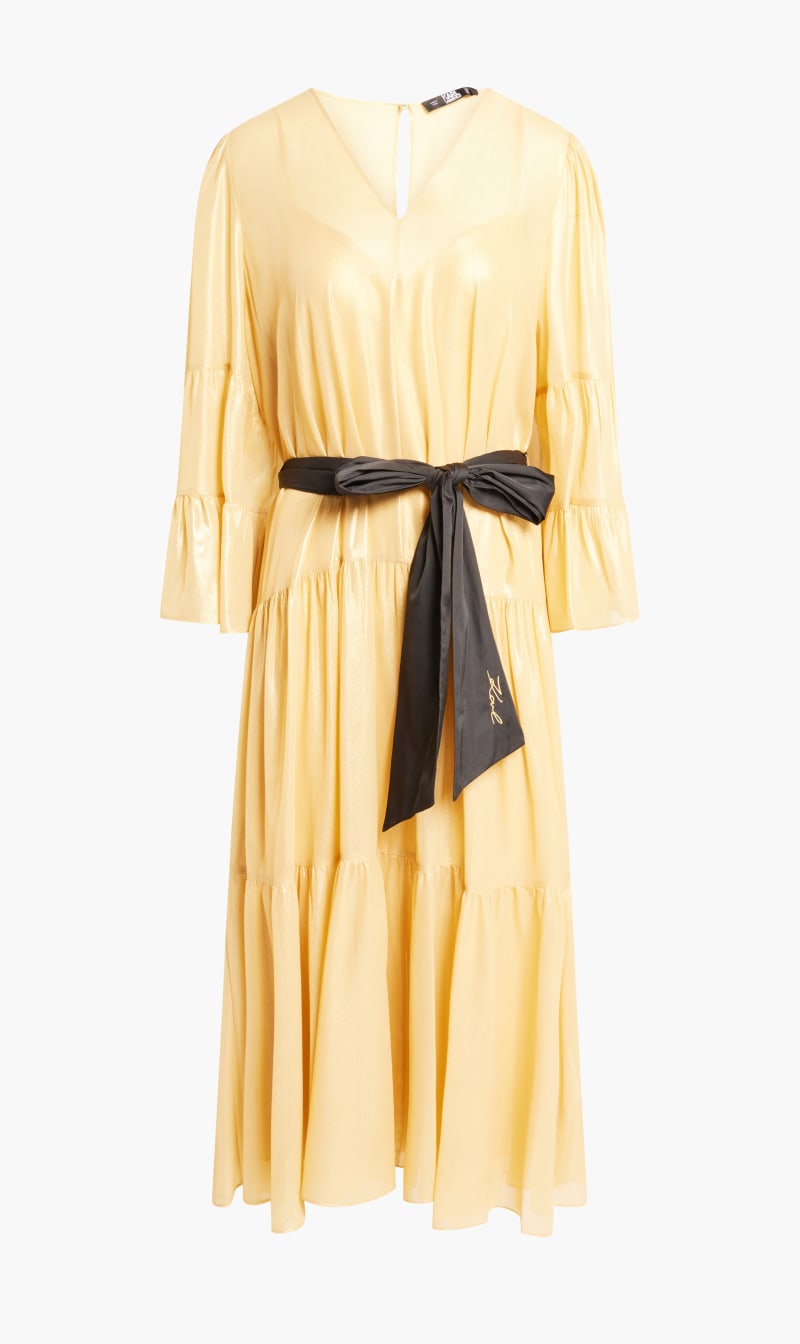 

Karl Lagerfeld Gold Metallic Tied Waist Dress for Women | The Deal Outlet