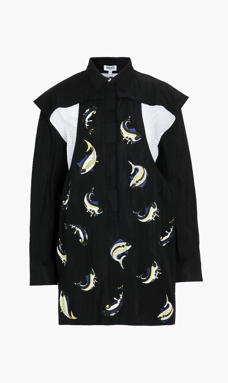 

Fish Motif Shirt Dress, Black