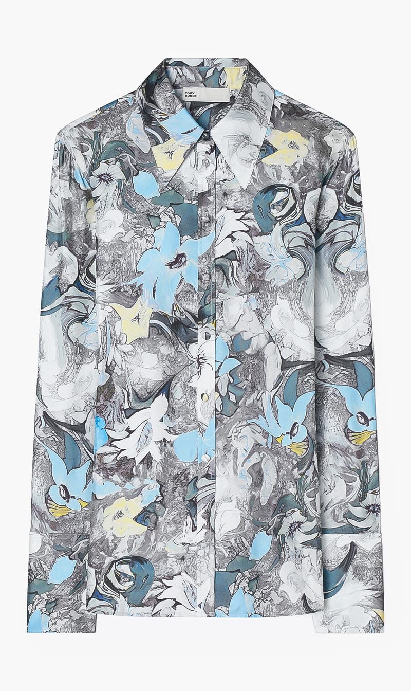 

Tory Burch Blue Printed Cuffed Silk Shirt for Women | The Deal Outlet