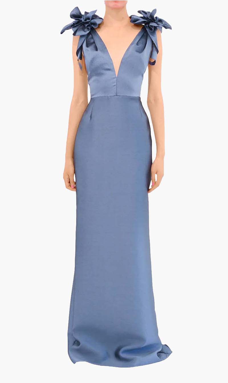 

Marchesa Notte Blue Spring Draped Floral Mikado Gown for Women
