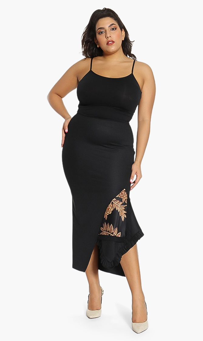 Flower Print Straight Skirt, Black