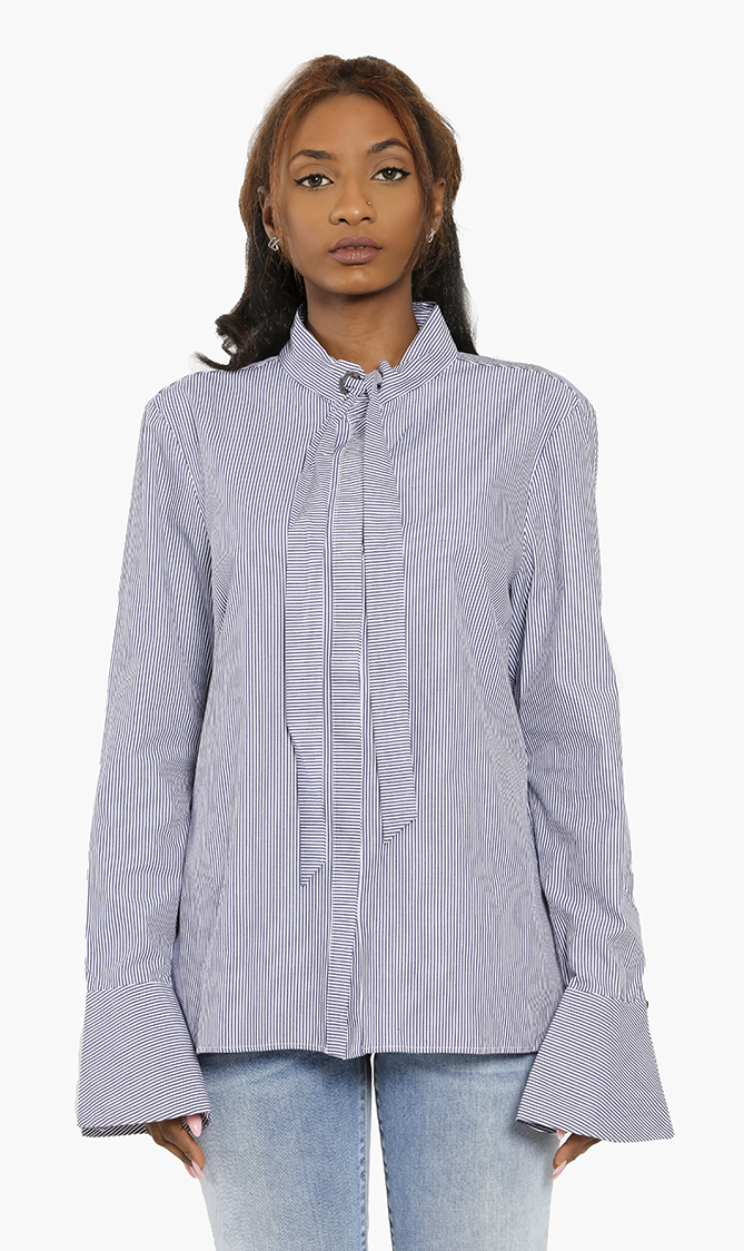 

Stripes Flared Cuff Pussycat Bow Blouse