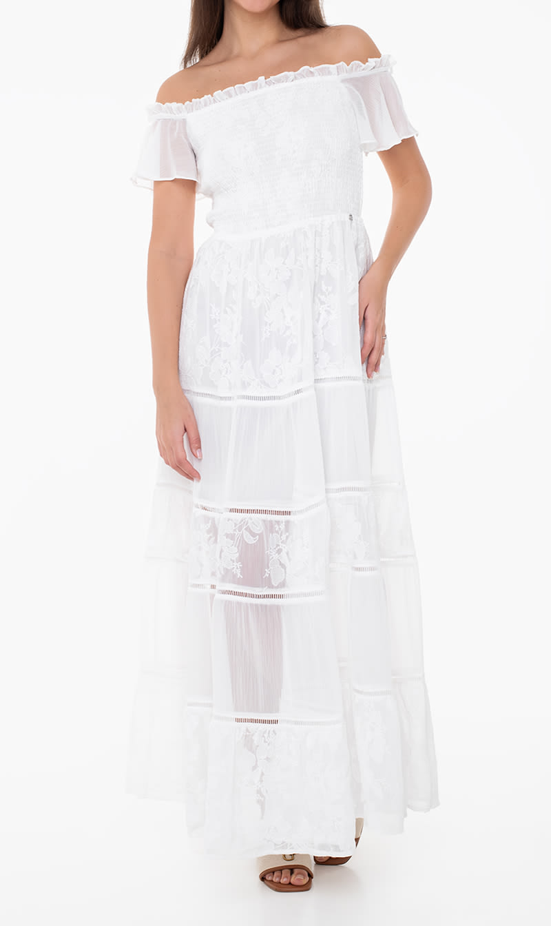 

Guess White Ss Giuditta Embro Long Dress for Women | The Deal Outlet