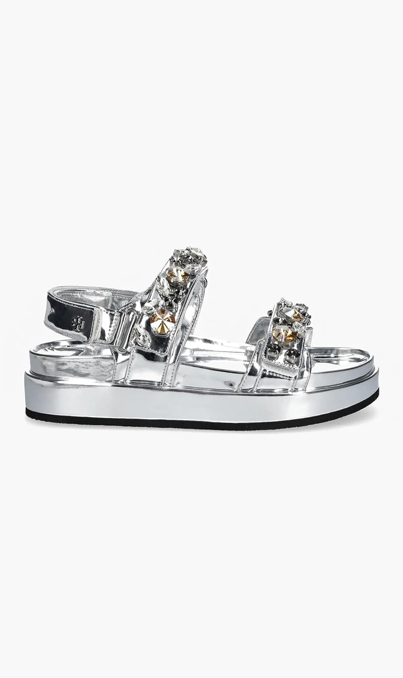 

Tory Burch Silver Kira Embellished Sport Sandal for Women | The Deal Outlet