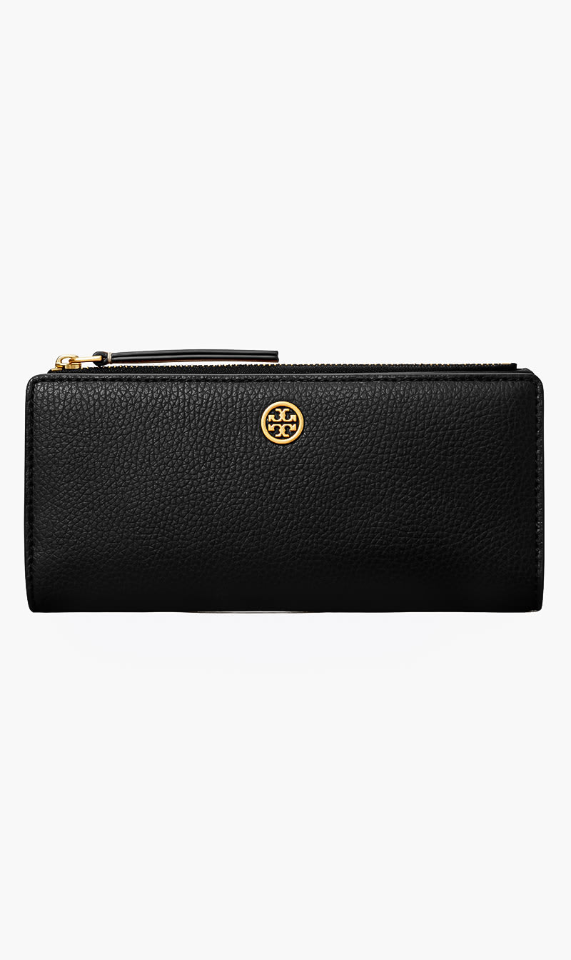 

Tory Burch Black Robinson Pebbled Zip Slim Wallet for Women | The Deal Outlet