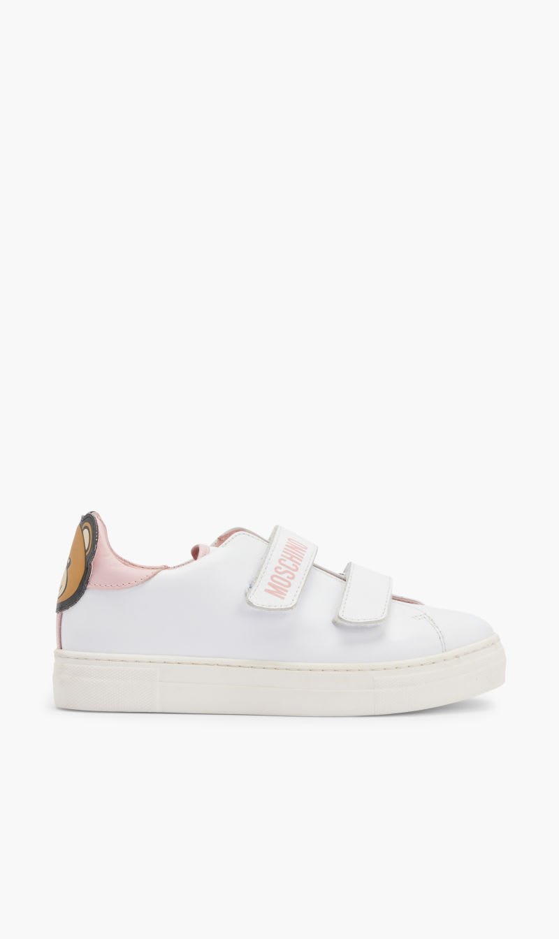 

Moschino White Teddy Patch Low Sneakers Strap for Girls | The Deal Outlet