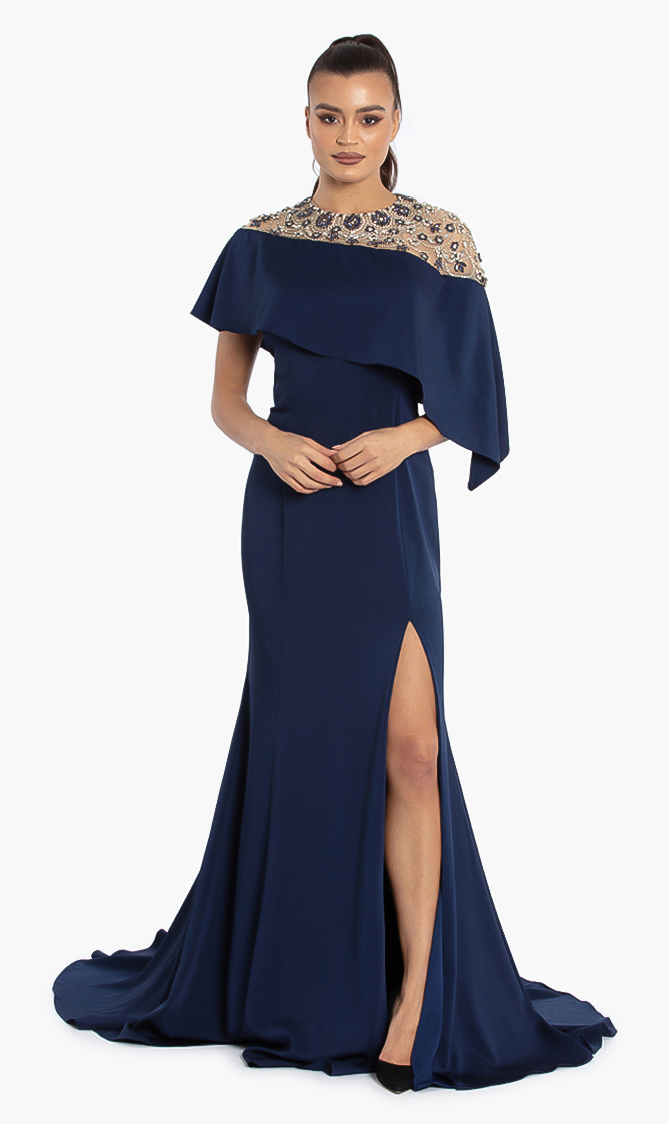 Embellished Asymmetric Evening Dress, Blue