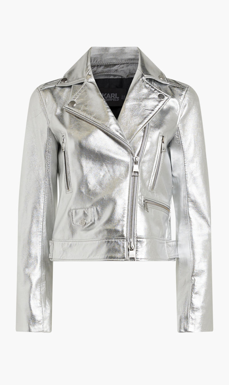 

Karl Lagerfeld Silver Leather Biker Jacket for Women | The Deal Outlet