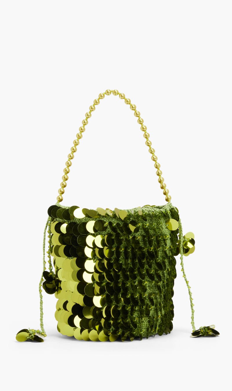 

Vanina Green Metalic Recycled Sequins Crochet Pouch for Women | The Deal Outlet