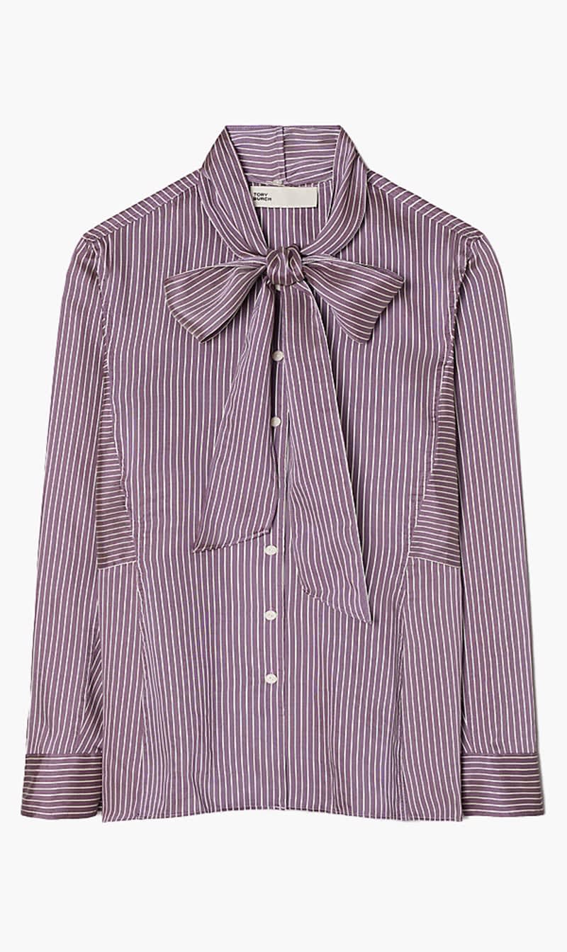 

Tory Burch Purple Striped Viscose Bow Blouse for Women | The Deal Outlet