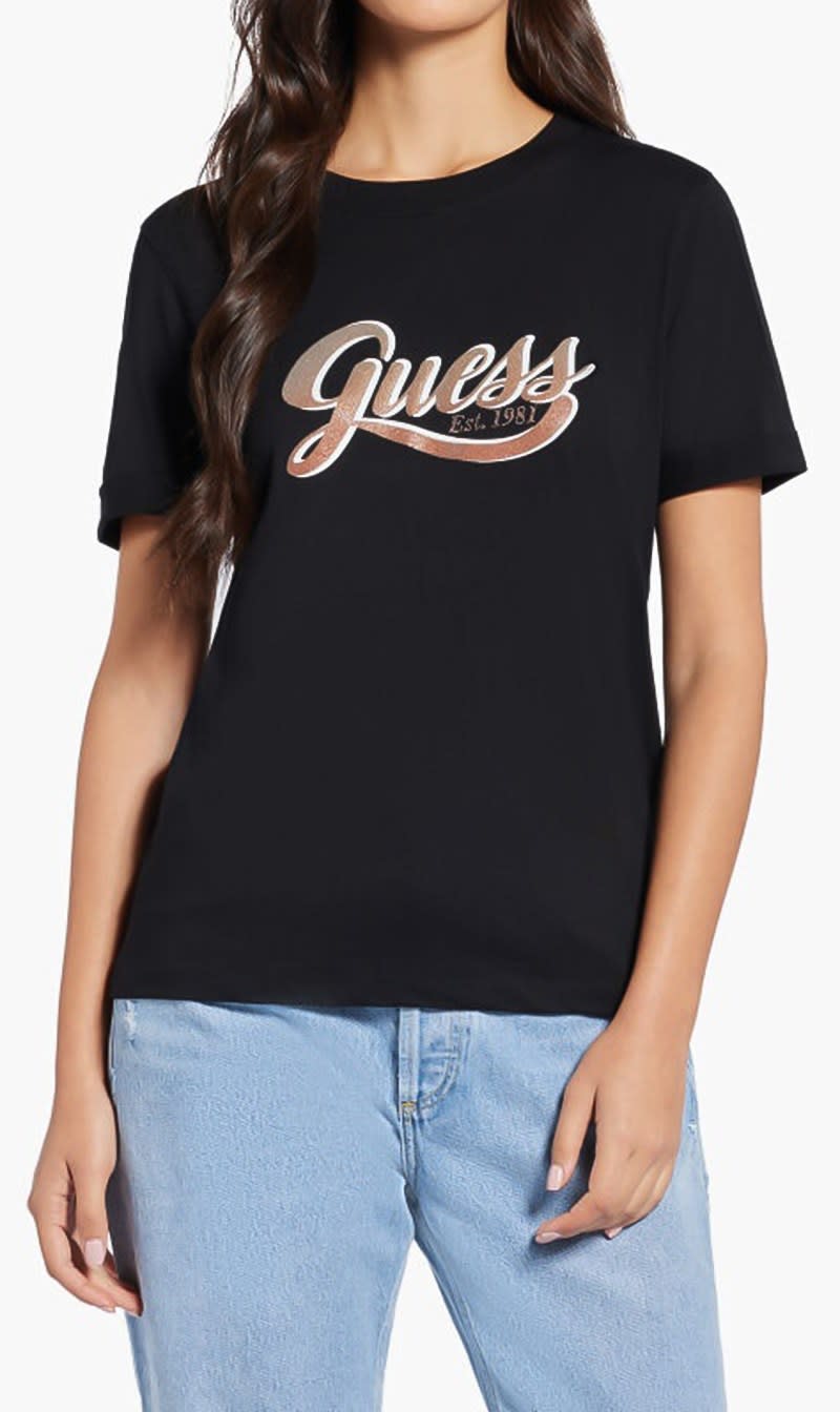 

Guess Black Ss Cn Glittery Logo Tee for Women | The Deal Outlet
