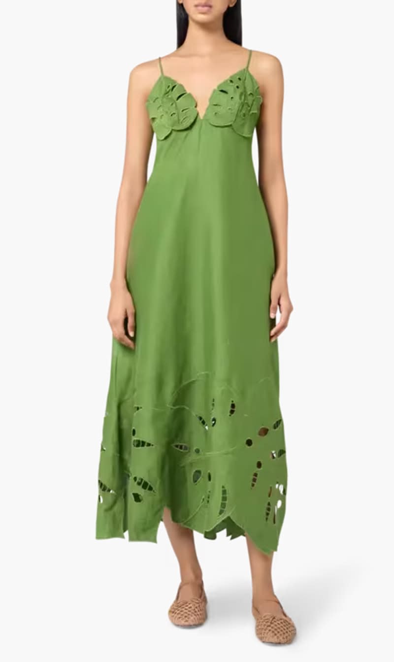 

Farm Rio Green Green Monstera Embroidery Midi Dress for Women | The Deal Outlet
