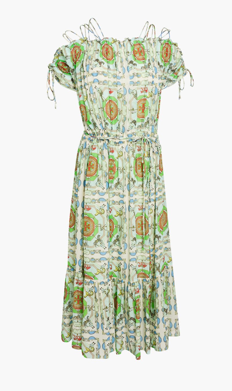 

Tory Burch Green Printed Silk Off Shoulder Dress for Women | The Deal Outlet